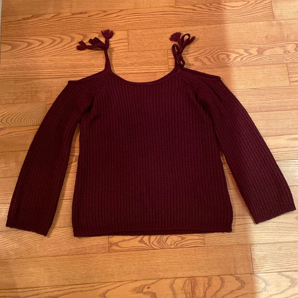 BB Dakota Cold Shoulder Knit Sweater with Tie Straps - Burgundy